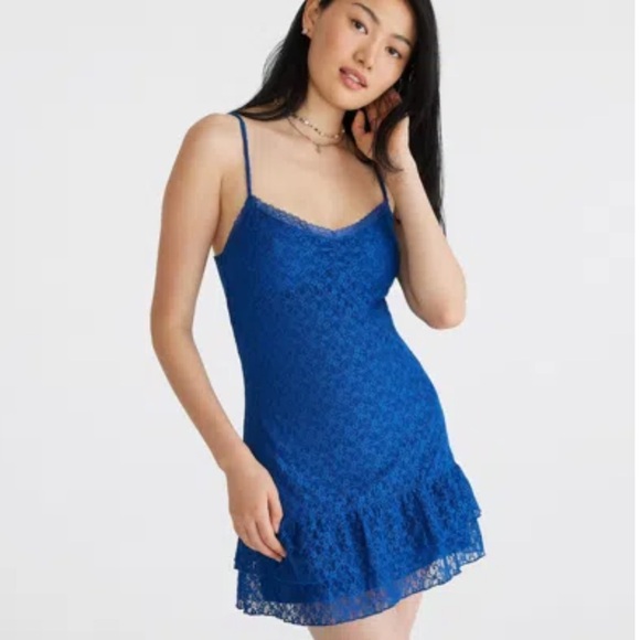 Aeropostale Dresses & Skirts - Aeropostale Solid V-Neck Lace Cami Dress Blue Slip Dress Y2K 90s Ruffle Hem